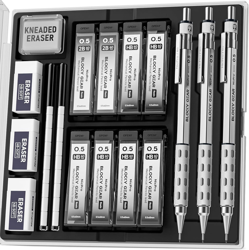 Nicpro 0.5mm Mechanical Pencil Set 3 Metal Pencils with Case, 480 Lead Refills, Erasers & Refills