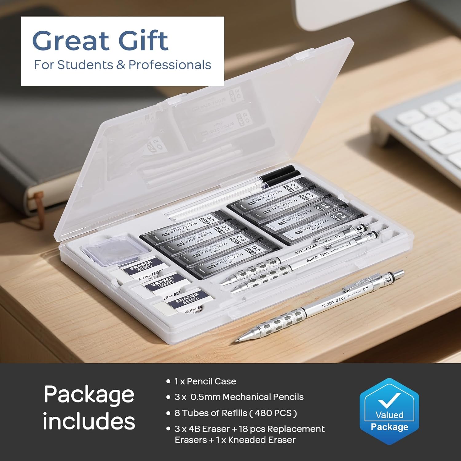 Nicpro 0.5mm Mechanical Pencil Set 3 Metal Pencils with Case, 480 Lead Refills, Erasers & Refills