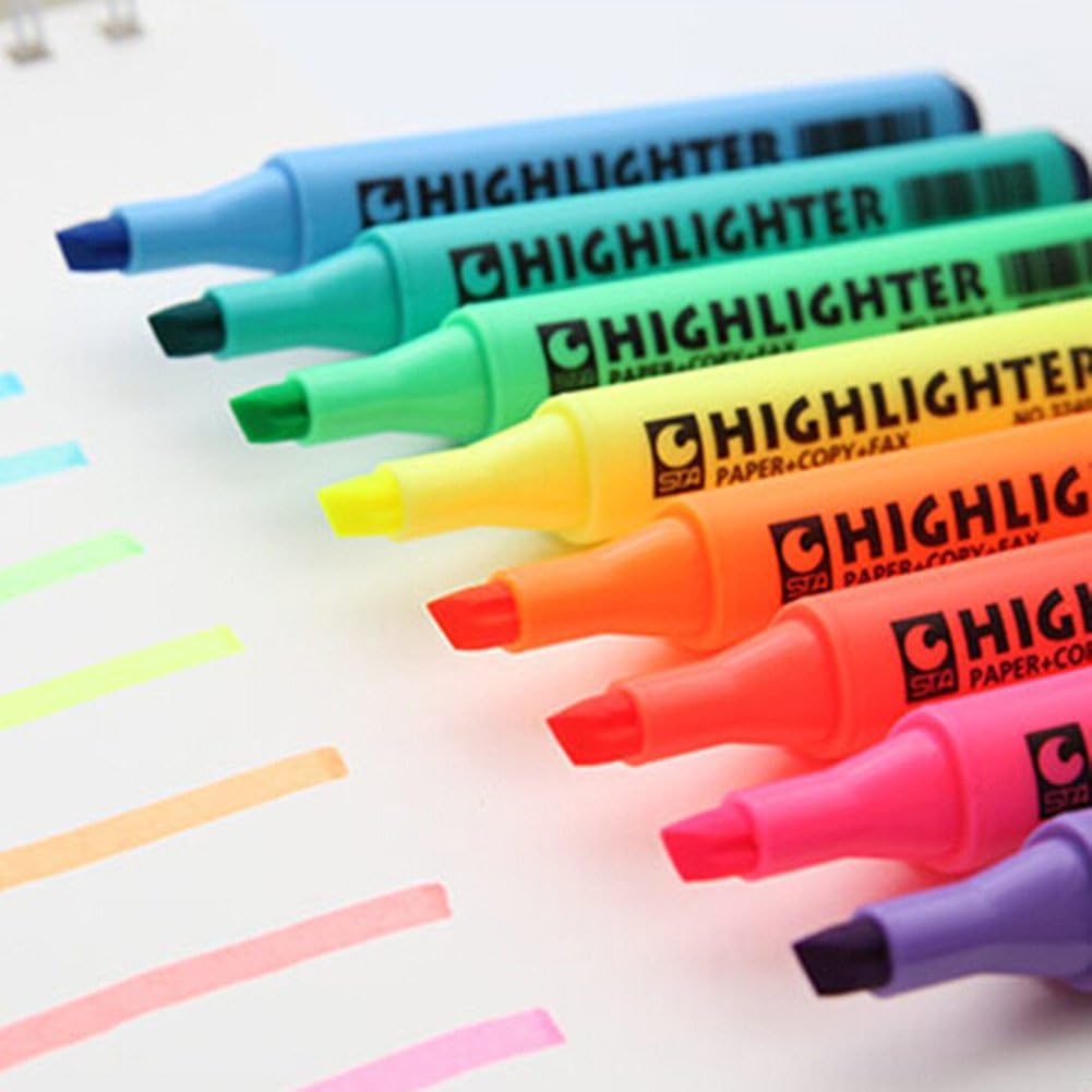 Pack of 8 Multi-Color Highlighter Pens, Assorted Marker Set for School, Office & Coloring