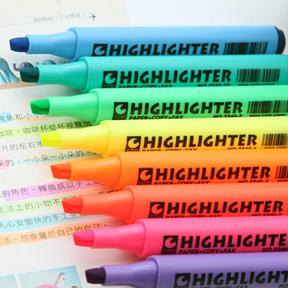 Pack of 8 Multi-Color Highlighter Pens, Assorted Marker Set for School, Office & Coloring