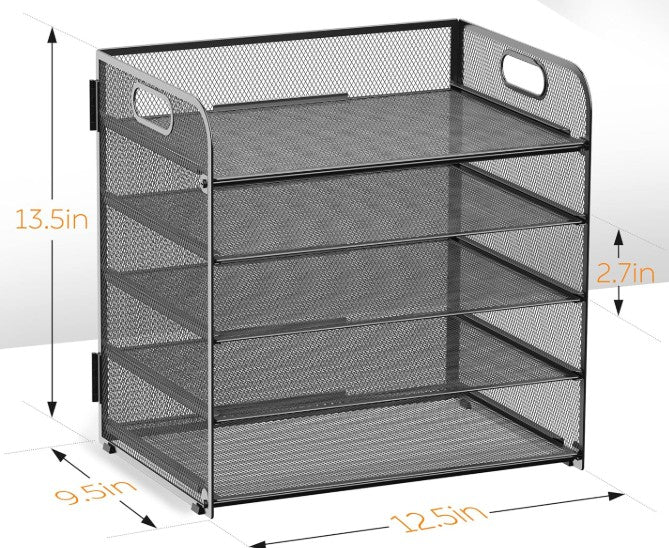 Letter Tray Paper Organizer 5-Tier Metal Desk File Holder with Handle, Black