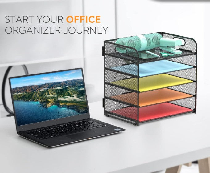 Letter Tray Paper Organizer 5-Tier Metal Desk File Holder with Handle, Black