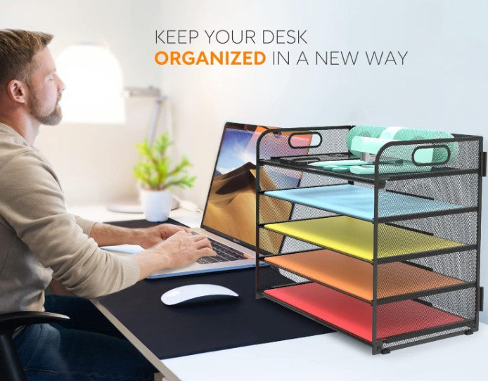 Letter Tray Paper Organizer 5-Tier Metal Desk File Holder with Handle, Black
