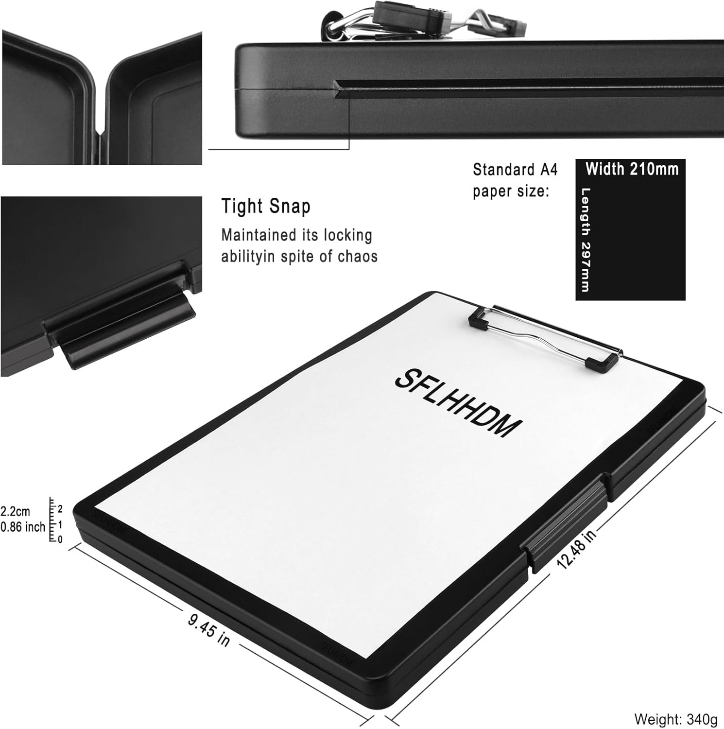 Storage Clipboard with Low-Profile Clip A4 Side-Opening Binder, Waterproof, Black