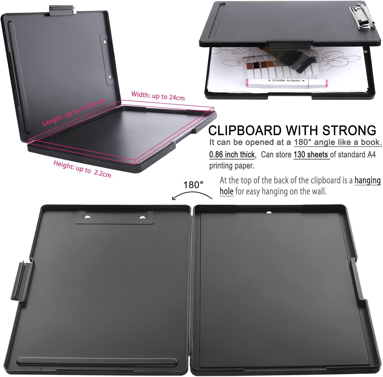 Storage Clipboard with Low-Profile Clip A4 Side-Opening Binder, Waterproof, Black