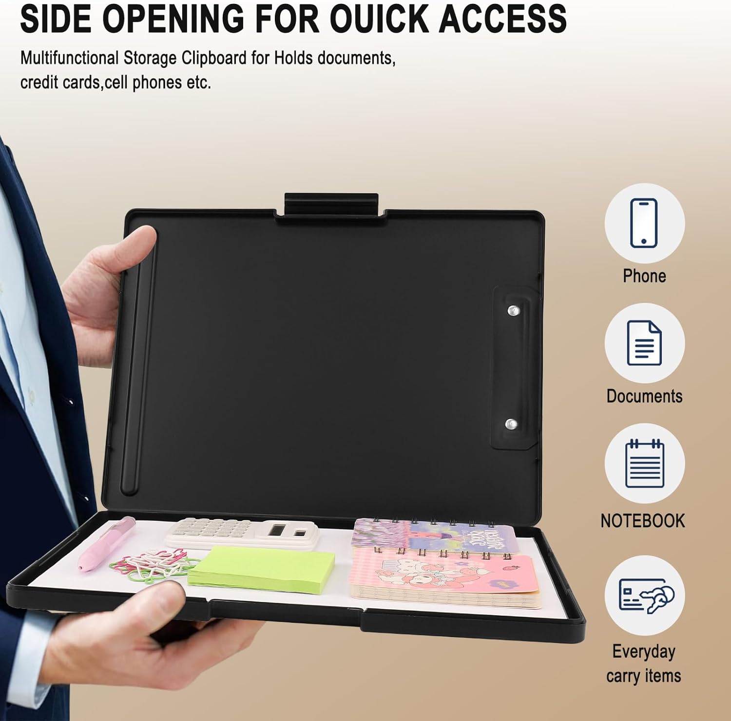 Storage Clipboard with Low-Profile Clip A4 Side-Opening Binder, Waterproof, Black