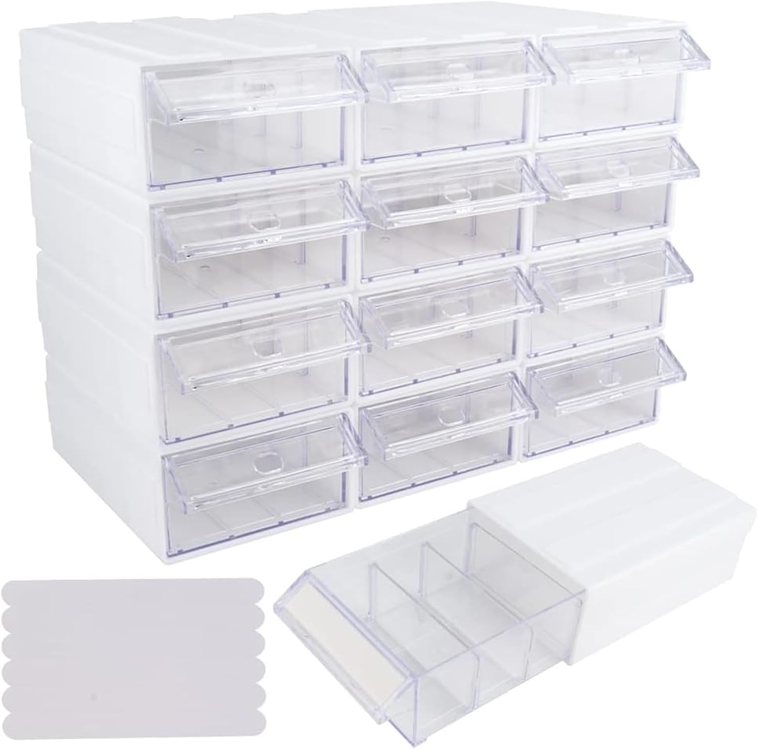 Stackable Drawer Storage Cabinet 12-Piece White Plastic Organizer with Dividers, Tags & Non-Slip Stickers