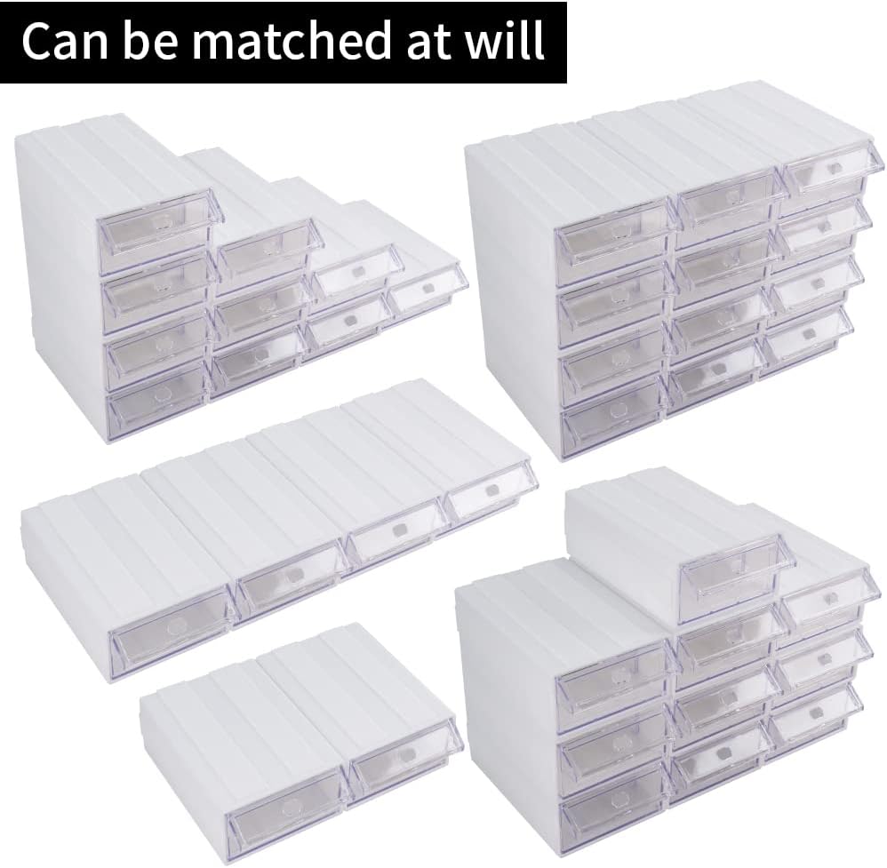 Stackable Drawer Storage Cabinet 12-Piece White Plastic Organizer with Dividers, Tags & Non-Slip Stickers