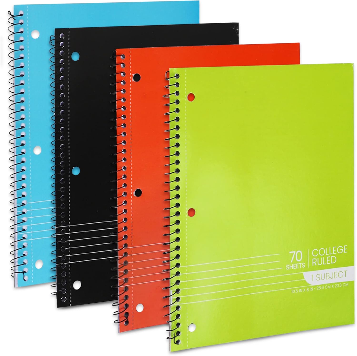 Spiral Notebooks 1 Subject, College Ruled, 70 Sheets, 3-Hole Punched (4 Pack, Assorted Colors)