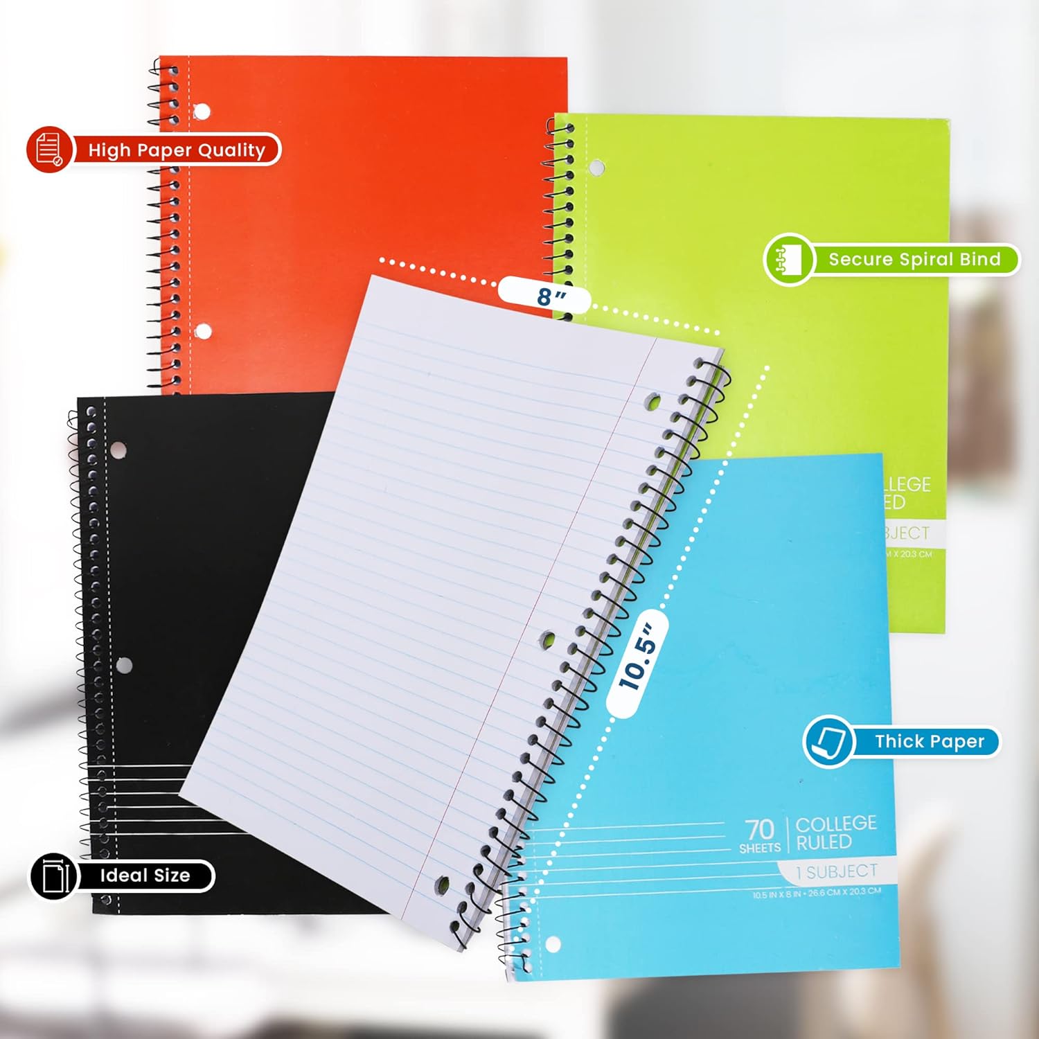 Spiral Notebooks 1 Subject, College Ruled, 70 Sheets, 3-Hole Punched (4 Pack, Assorted Colors)