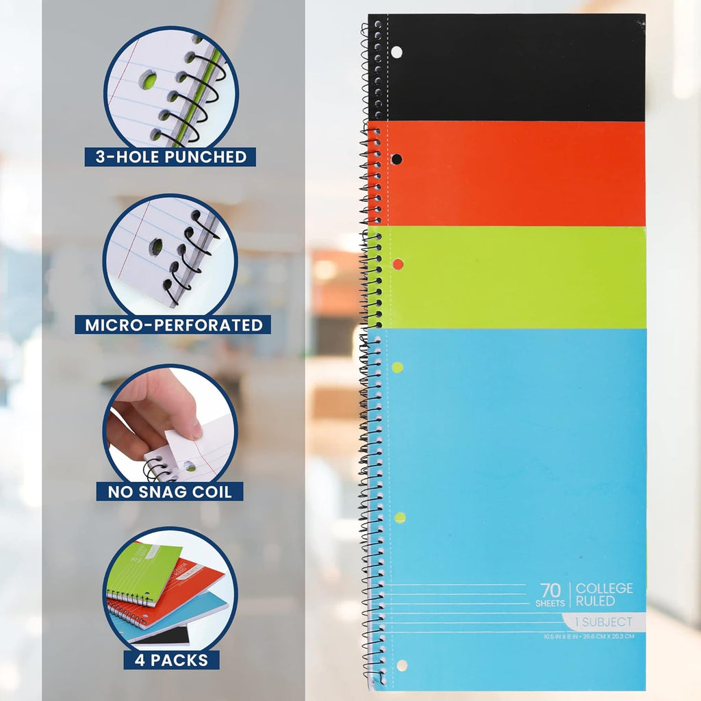 Spiral Notebooks 1 Subject, College Ruled, 70 Sheets, 3-Hole Punched (4 Pack, Assorted Colors)