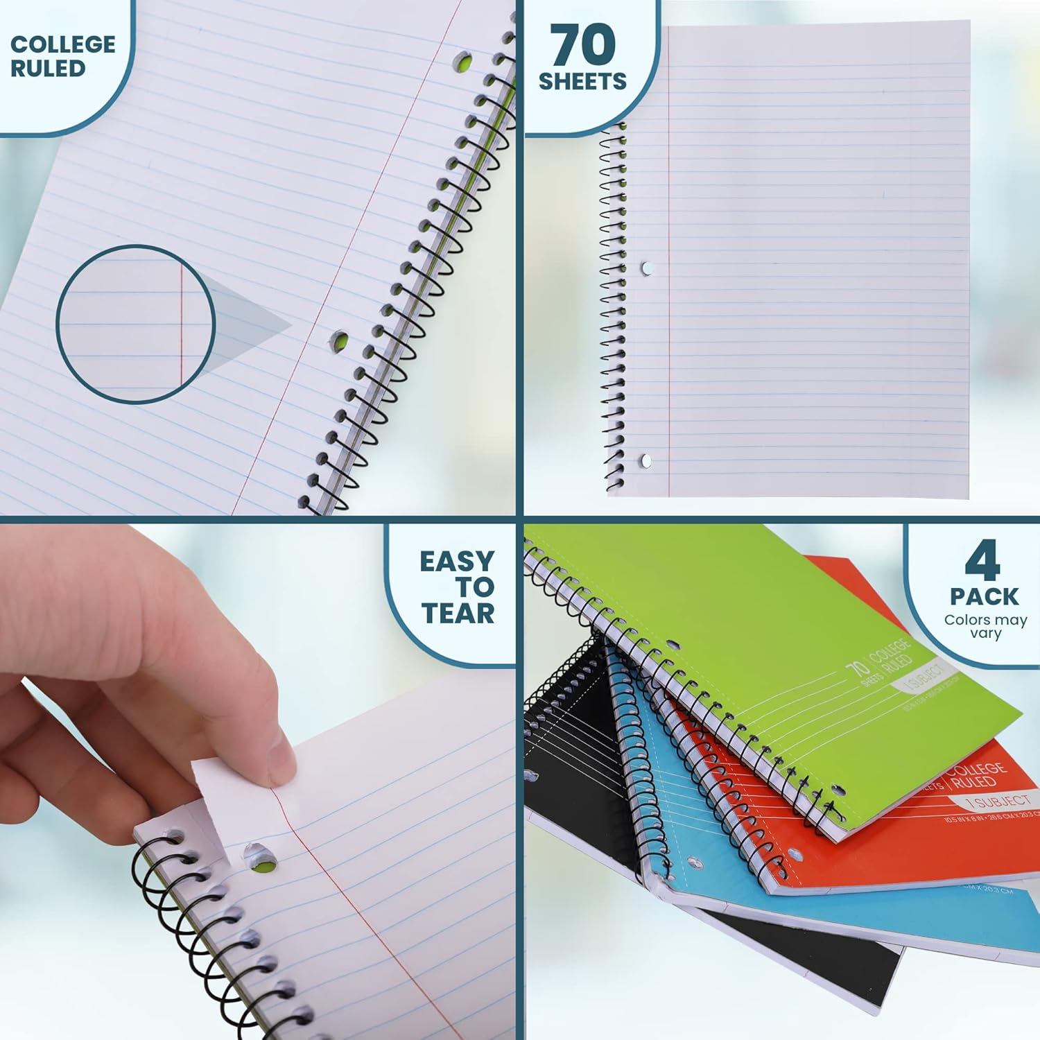 Spiral Notebooks 1 Subject, College Ruled, 70 Sheets, 3-Hole Punched (4 Pack, Assorted Colors)