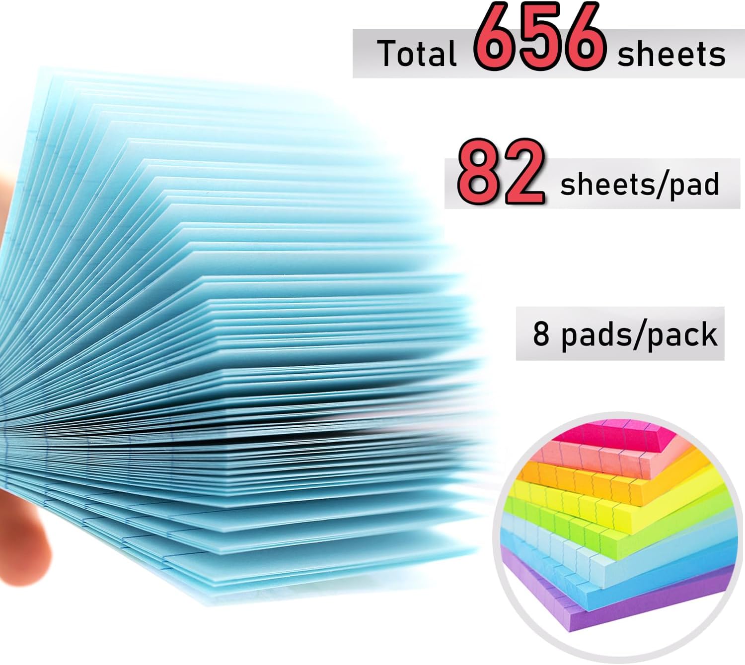 Lined Sticky Notes 3x3 in, Bright Colors, 8 Pads Pack, 82 Sheets Each