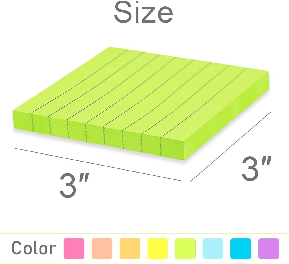 Lined Sticky Notes 3x3 in, Bright Colors, 8 Pads Pack, 82 Sheets Each