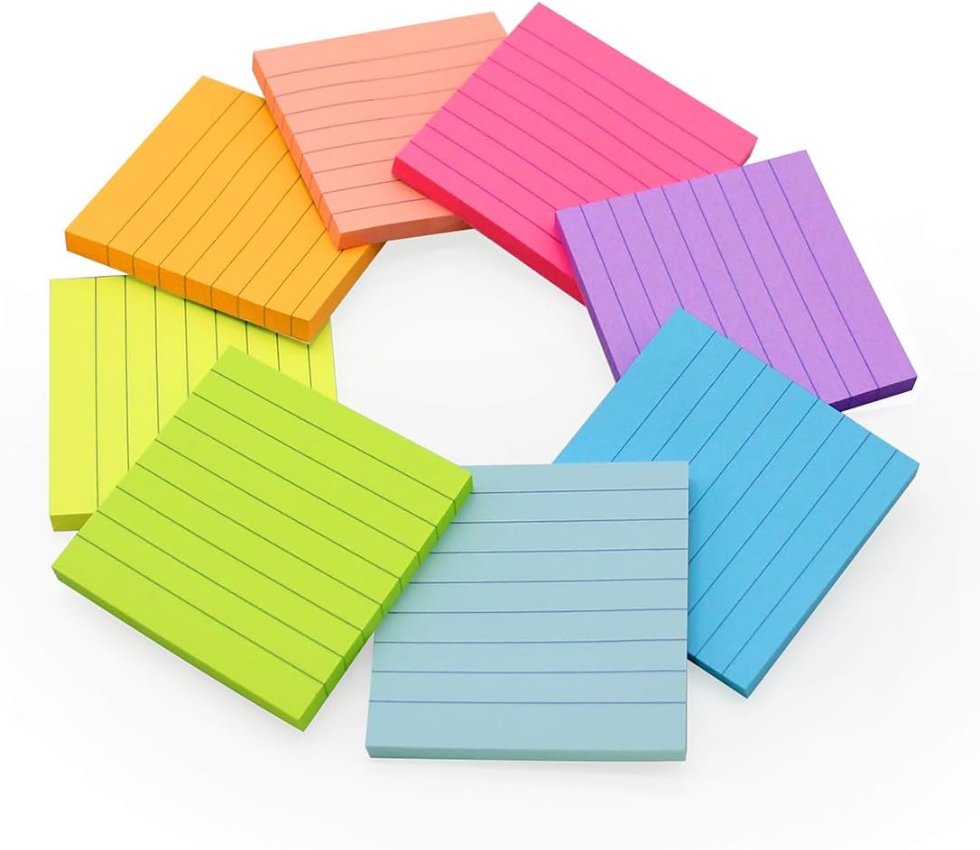 Lined Sticky Notes 3x3 in, Bright Colors, 8 Pads Pack, 82 Sheets Each