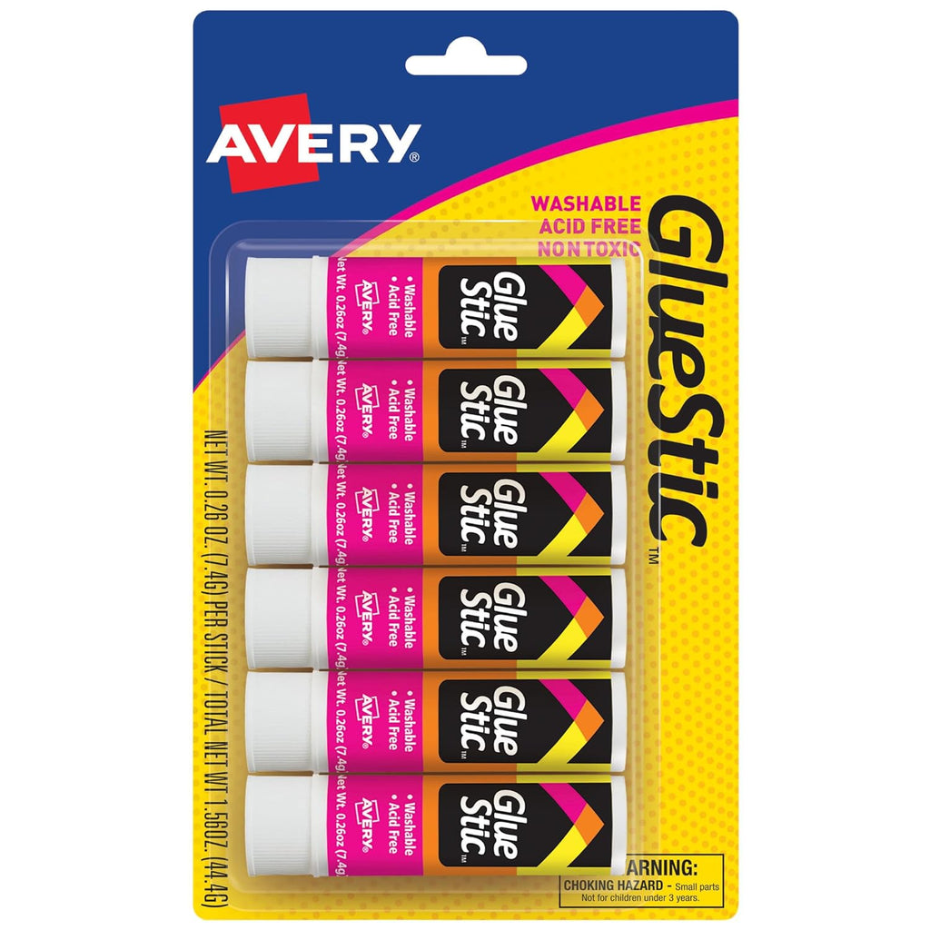 Avery Glue Stick White, Washable, Nontoxic, 0.26 oz, 6 Pack