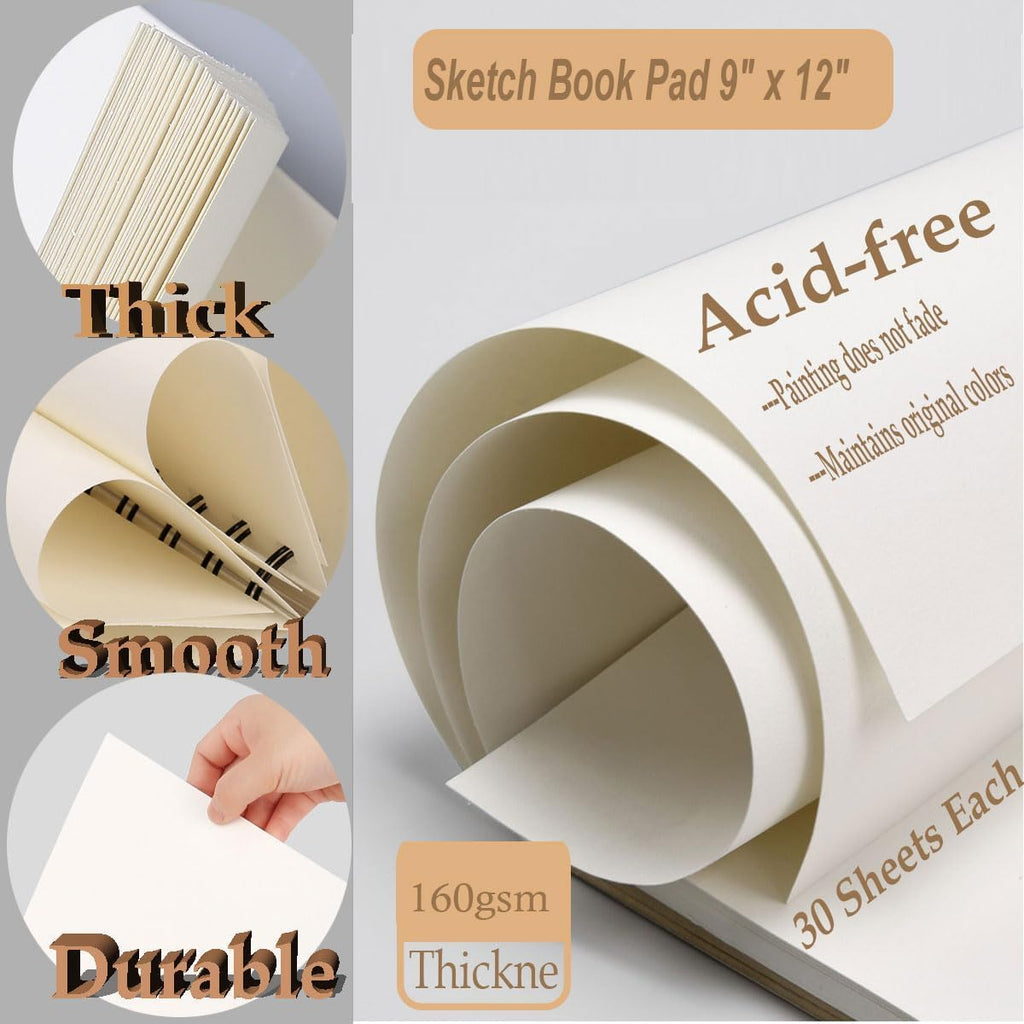 Sketch Book Pad 9" x 12" Spiral Bound, 98lb/160gsm, 30 Sheets, Acid-Free