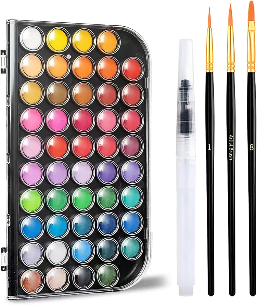 Watercolor Paint Set 48 Colors with Brush, Refillable Water Pen & Palette