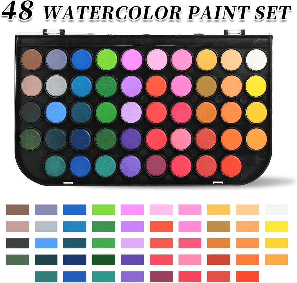 Watercolor Paint Set 48 Colors with Brush, Refillable Water Pen & Palette