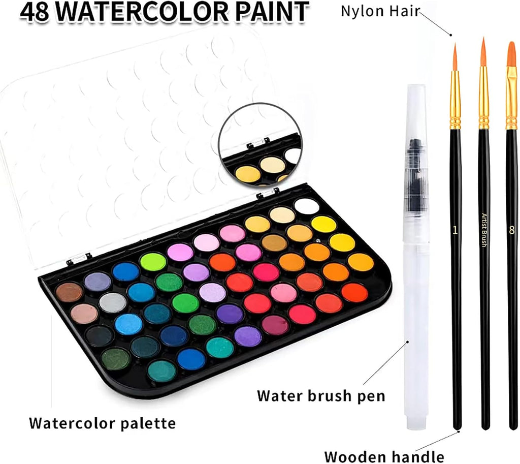 Watercolor Paint Set 48 Colors with Brush, Refillable Water Pen & Palette
